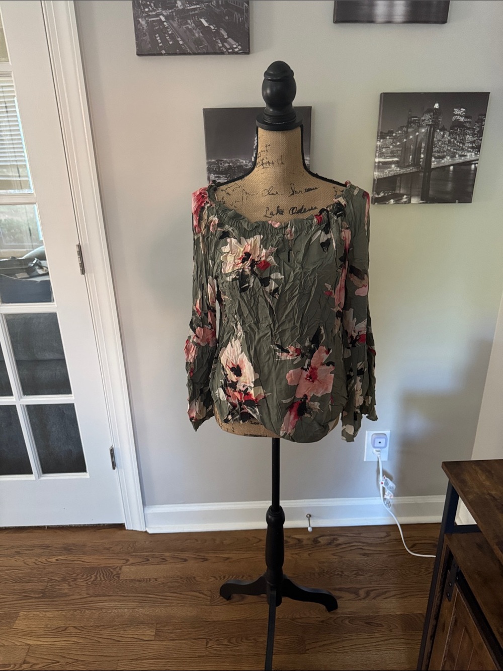 White House Black Market Olive Green Floral Off-Shoulder Blouse